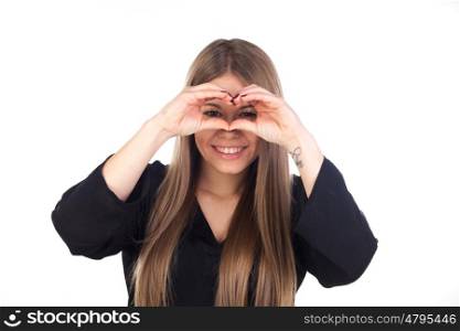 Attractive blonde girl looking through her hands isolated on a white background