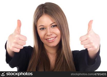 Attractive blonde girl saying Ok isolated on a white background