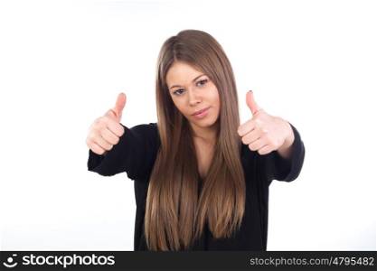 Attractive blonde girl saying Ok isolated on a white background