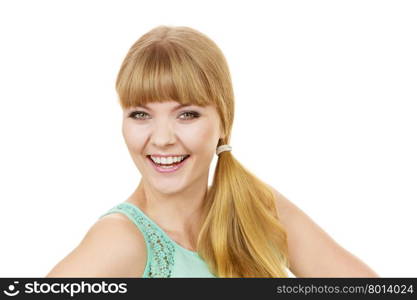 Attractive blonde girl smiling portrait. Portrait of happy joyful woman. Attractive young girl smiling isolated on white