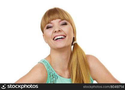 Attractive blonde girl smiling portrait. Portrait of happy joyful woman. Attractive young girl smiling isolated on white