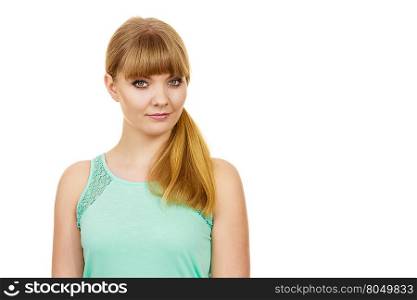 Attractive blonde girl smiling portrait. Portrait of happy positive woman. Attractive young girl smiling isolated on white