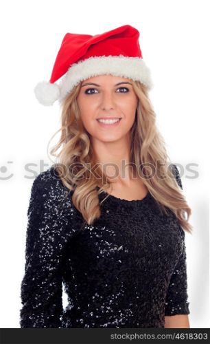 Attractive blonde girl with Christmas hat isolated on a white background