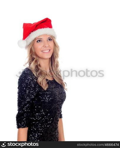 Attractive blonde girl with Christmas hat isolated on a white background