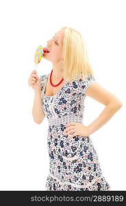 Attractive blonde licking lollipop