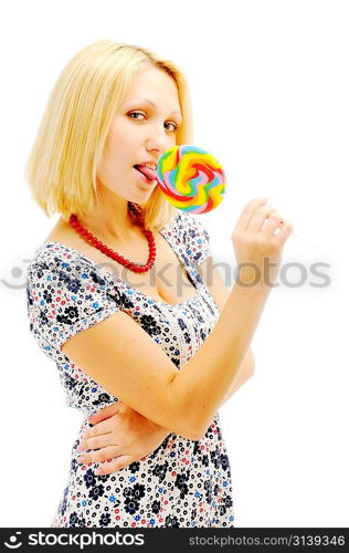 Attractive blonde licking lollipop
