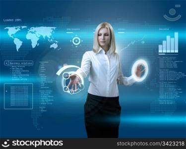 Attractive blonde navigating futuristic interface (outstanding business people in interiors / interfaces series)