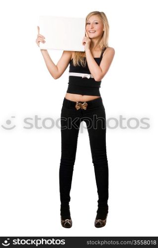 Attractive blonde posing with white board. Isolated on white