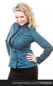 Attractive blonde woman in studio. Portrait of funny middle aged blonde woman. Adult female wearing blue blouse and black skirt having fun in studio.