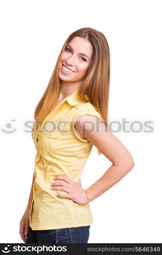 Attractive blonde woman posing and smiling