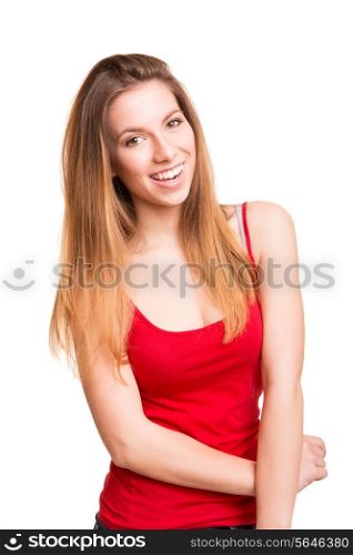 Attractive blonde woman posing over white background