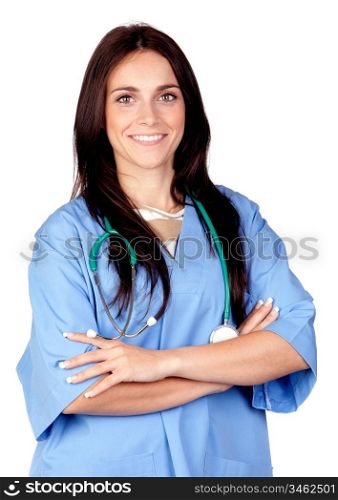 Attractive brunette doctor isolated on a over white background