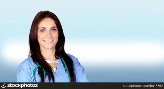 Attractive brunette doctor isolated on a over white background