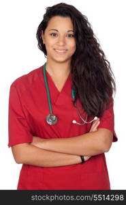 Attractive brunette doctor isolated on a over white background