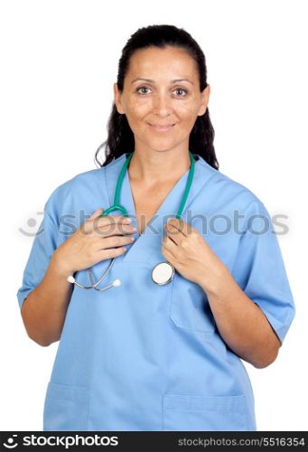 Attractive brunette doctor isolated on a over white background