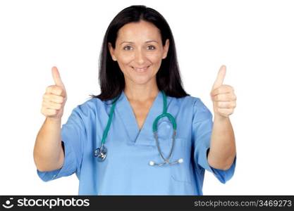 Attractive brunette doctor saying Ok isolated on a over white background