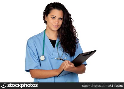 Attractive brunette doctor with a clipboard isolated on a over white background