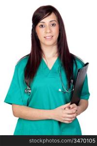 Attractive brunette doctor with clipboard isolated on a over white background