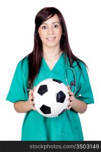 Attractive brunette doctor with soccer ball isolated on a over white background