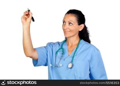 Attractive brunette doctor writing something isolated on a over white background