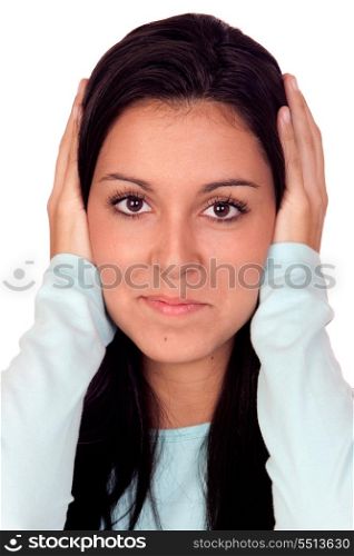 Attractive brunette girl covering her ears isolated on white background