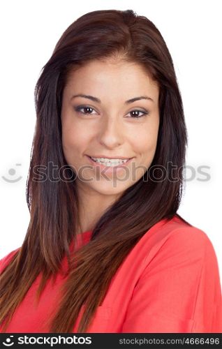 Attractive brunette girl dressed in red isolated on a white background