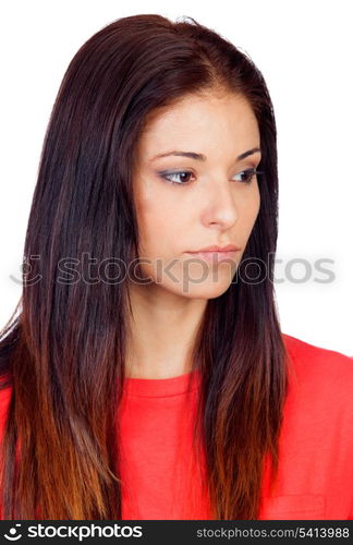 Attractive brunette girl dressed in red isolated on a white background