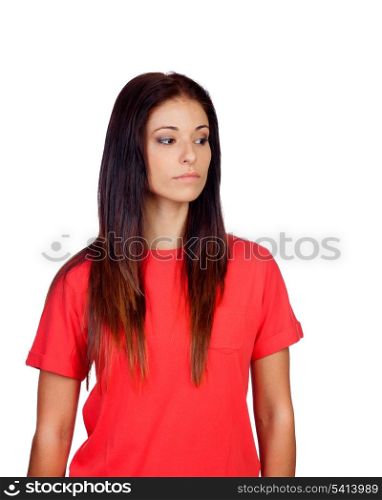 Attractive brunette girl dressed in red isolated on a white background