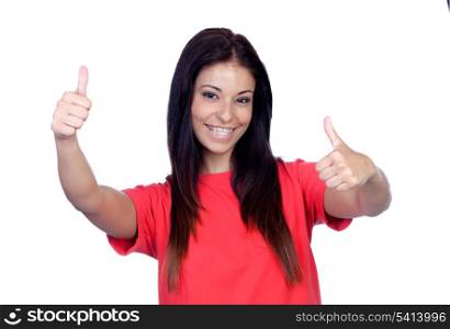 Attractive brunette girl dressed in red saying Ok isolated on a white background