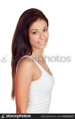 Attractive brunette girl dressed in white isolated