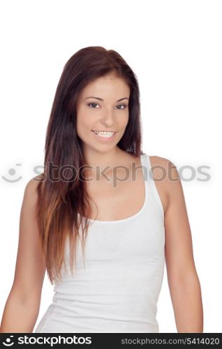 Attractive brunette girl dressed in white isolated