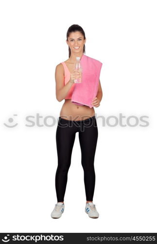 Attractive brunette girl drinking water during training the isolated on a white background