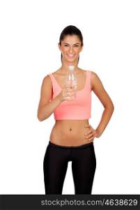 Attractive brunette girl drinking water during training the isolated on a white background