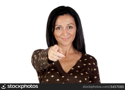 Attractive brunette girl pointing isolated on white background