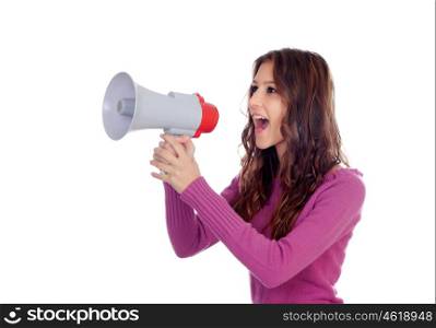 Attractive brunette girl shouting into a megaphone isolated on a white background