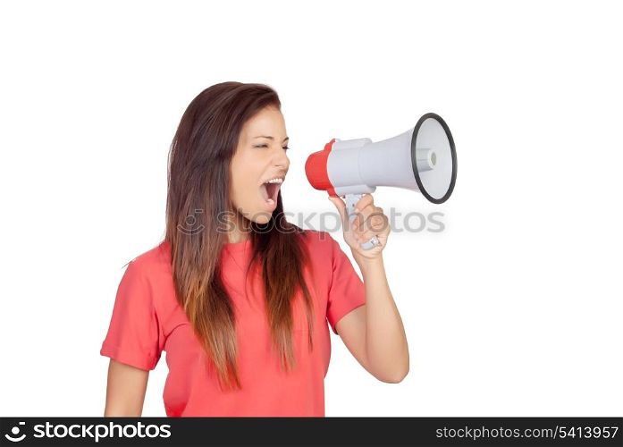 Attractive brunette girl shouting with a megaphone isolated on a over white background