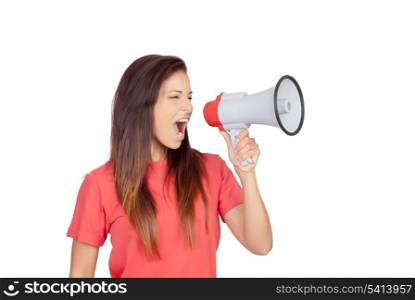 Attractive brunette girl shouting with a megaphone isolated on a over white background