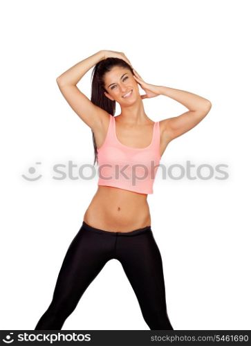 Attractive brunette girl stretching cervical after the training isolated on a white background