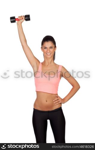 Attractive brunette girl tightening their muscles isolated on a white background