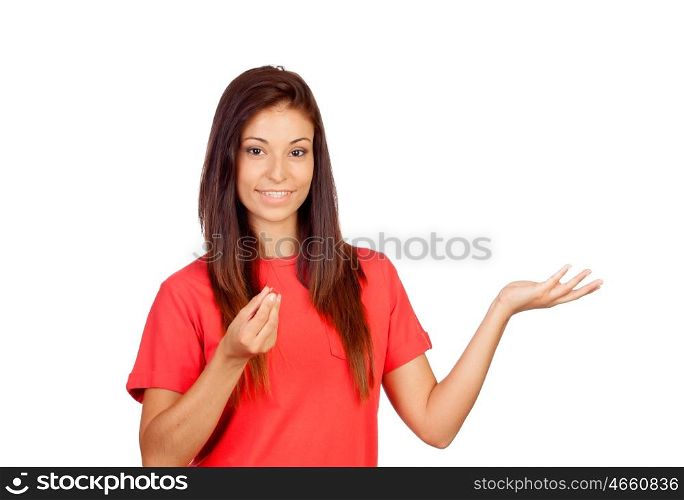 Attractive brunette girl with a chalk isolated on a white background