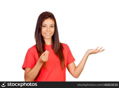 Attractive brunette girl with a chalk isolated on a white background