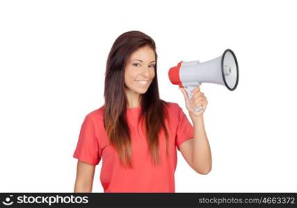 Attractive brunette girl with a megaphone isolated on a over white background