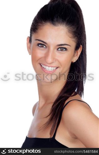 Attractive brunette girl with a pierced nose isolated on a white background