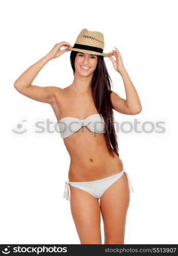 Attractive brunette girl with bikini and straw hat isolated on a white background