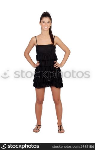 Attractive brunette girl with black dress isolated on a white background