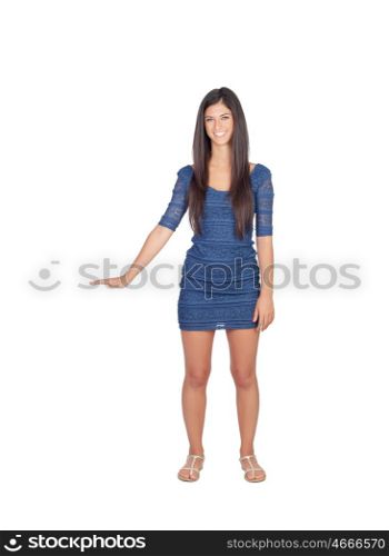 Attractive brunette girl with blue dress isolated on a white background