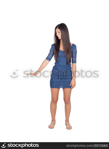 Attractive brunette girl with blue dress isolated on a white background