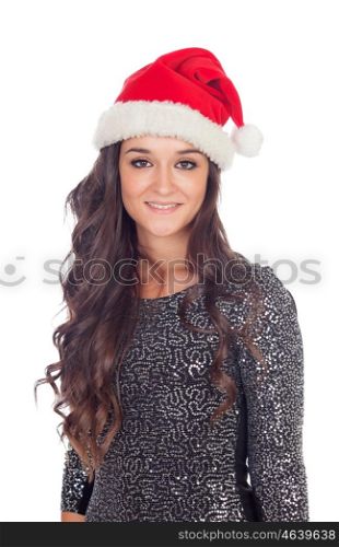 Attractive brunette girl with Christmas hat isolated on a white background
