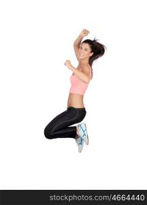 Attractive brunette girl with fitness clothing jumping isolated on a white background
