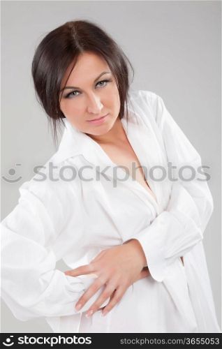 attractive brunette in white shirt